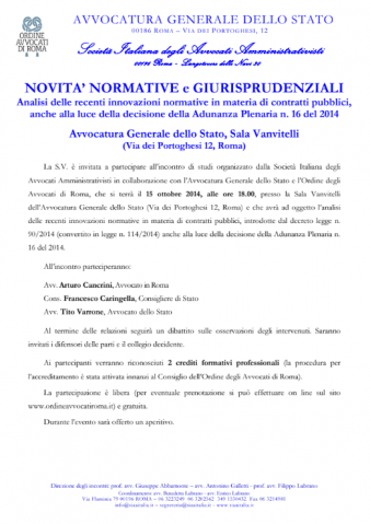 NOVITA’ NORMATIVE E GIURISPRUDENZIALI – Analisi delle recenti innovazioni normative in materia di contratti pubblici, anche alla luce della decisione della Adunanza Plenaria n. 16 del 2014