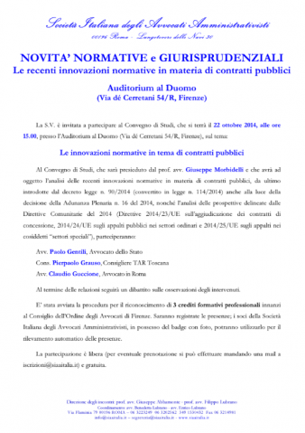 NOVITA’ NORMATIVE E GIURISPRUDENZIALI – Le recenti innovazioni normative in materia di contratti pubblici – Auditorium al Duomo (Via dé Cerretani 54/R, Firenze)