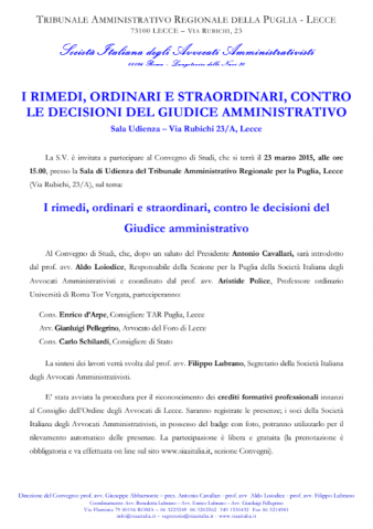 Lecce – I rimedi, ordinari e straordinari, contro le decisioni del Giudice amministrativo