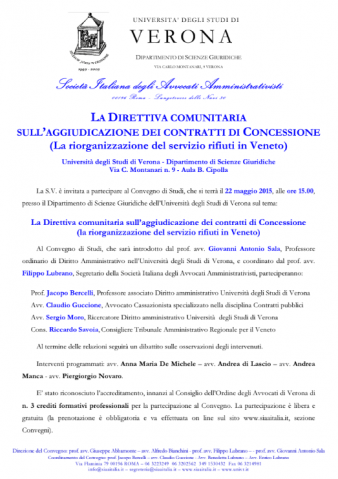 Verona – La Direttiva comunitaria sull’aggiudicazione dei contratti di Concessione (la riorganizzazione del servizio rifiuti in Veneto)