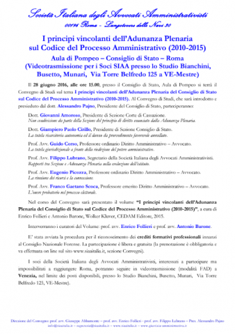 VE-Mestre – I principi vincolanti dell Adunanza Plenaria sul Codice del Processo Amministrativo (2010-2015) – modalità FAD