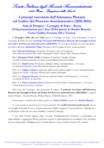 Torino – I principi vincolanti dell Adunanza Plenaria sul Codice del Processo Amministrativo (2010-2015) – modalità FAD