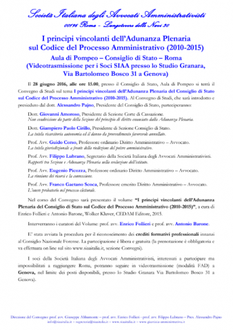 Genova – I principi vincolanti dell Adunanza Plenaria sul Codice del Processo Amministrativo (2010-2015) – modalità FAD