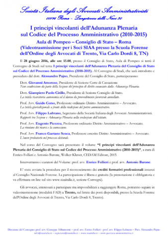 Trento – I principi vincolanti dell Adunanza Plenaria sul Codice del Processo Amministrativo (2010-2015) – modalità FAD