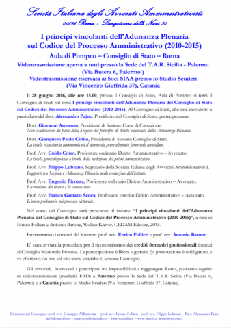 Catania – I principi vincolanti dell Adunanza Plenaria sul Codice del Processo Amministrativo (2010-2015) – modalità FAD