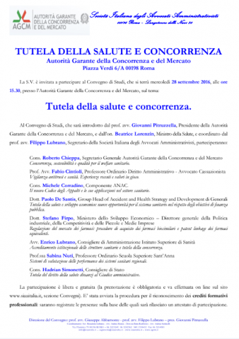 Convegno Tutela della salute e concorrenza, Antitrust, 28 settembre 2016, ore 15.30