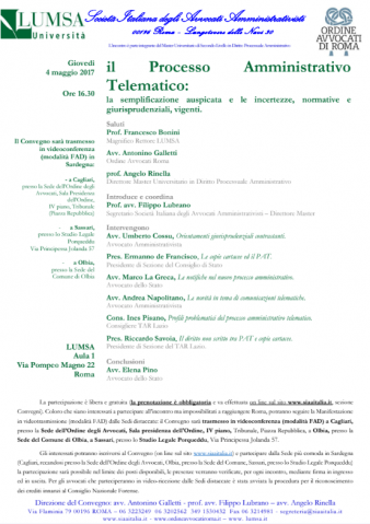 Cagliari, Olbia, Sassari – Il Processo Amministrativo Telematico: la semplificazione auspicata e le incertezze, normative e giurisprudenziali, vigenti – modalità FAD