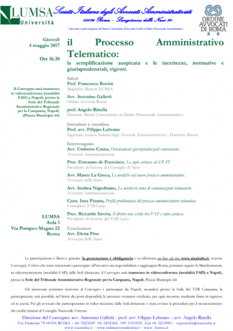 TAR Campania, Napoli: Il Processo Amministrativo Telematico: la semplificazione auspicata e le incertezze, normative e giurisprudenziali, vigenti – modalità FAD