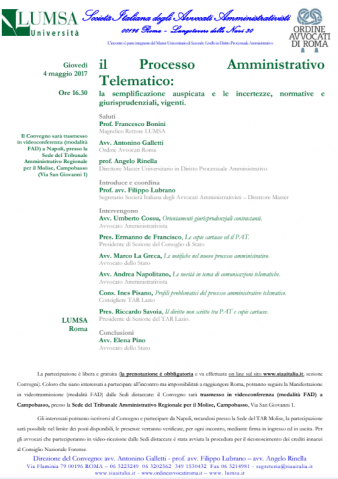 Campobasso – TAR Molise; Il Processo Amministrativo Telematico: la semplificazione auspicata e le incertezze, normative e giurisprudenziali, vigenti – modalità FAD