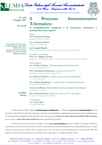 Piacenza (Comune di Piacenza) – Il Processo Amministrativo Telematico: la semplificazione auspicata e le incertezze, normative e giurisprudenziali, vigenti – modalità FAD