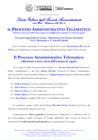 VERONA – Il Processo Amministrativo Telematico: riflessioni a nove mesi dall’entrata in vigore.