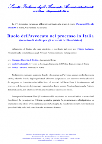 Ruolo dell’avvocato nel processo in Italia (incontro di studio per gli avvocati del Kazakistan).