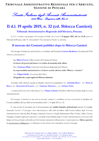 Il mercato dei Contratti pubblici dopo lo Sblocca Cantieri – TAR Abruzzo Pescara – Videotrasmissione FAD a: AN, BA, BO, BZ, CT, CZ, GE, GR, MI, PD, PO, TO, UD, VR, Martinsicuro, Viareggio