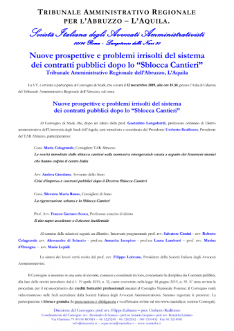 Nuove prospettive e problemi irrisolti del sistema dei contratti pubblici dopo lo “Sblocca Cantieri” (TAR Abruzzo, L’Aquila) – (Videotrasmissione FAD a: Bologna – Genova – L’Aquila – Modena – Pescara – Torino – Udine – Venezia)