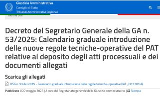 Calendario graduale introduzione delle nuove regole tecniche-operative del PAT relative al deposito degli atti processuali e dei documenti allegati